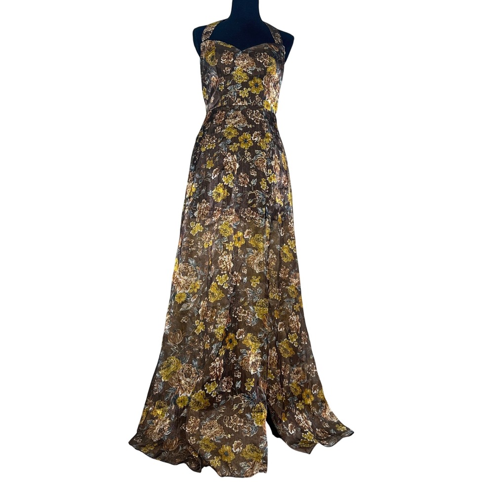 Azazie Atelier Floral Mocha Gold Metallic Gown 6, Sweetheart Sheer Wedding Guest